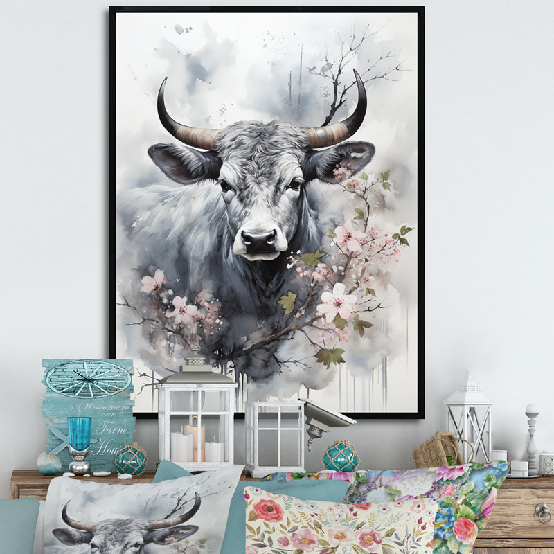 Bania, art asiatique, vache Sumi V, Cadre flottant noir, H 40 po x l 30 po x P 1,5 po