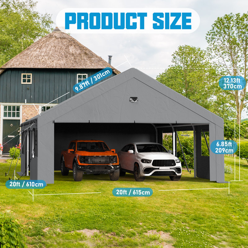 20 Ft. W x 20 Ft. D Galvanized Steel Frame Outdoor Heavy Duty Garage With Breathable Windows And Side Door - Gray