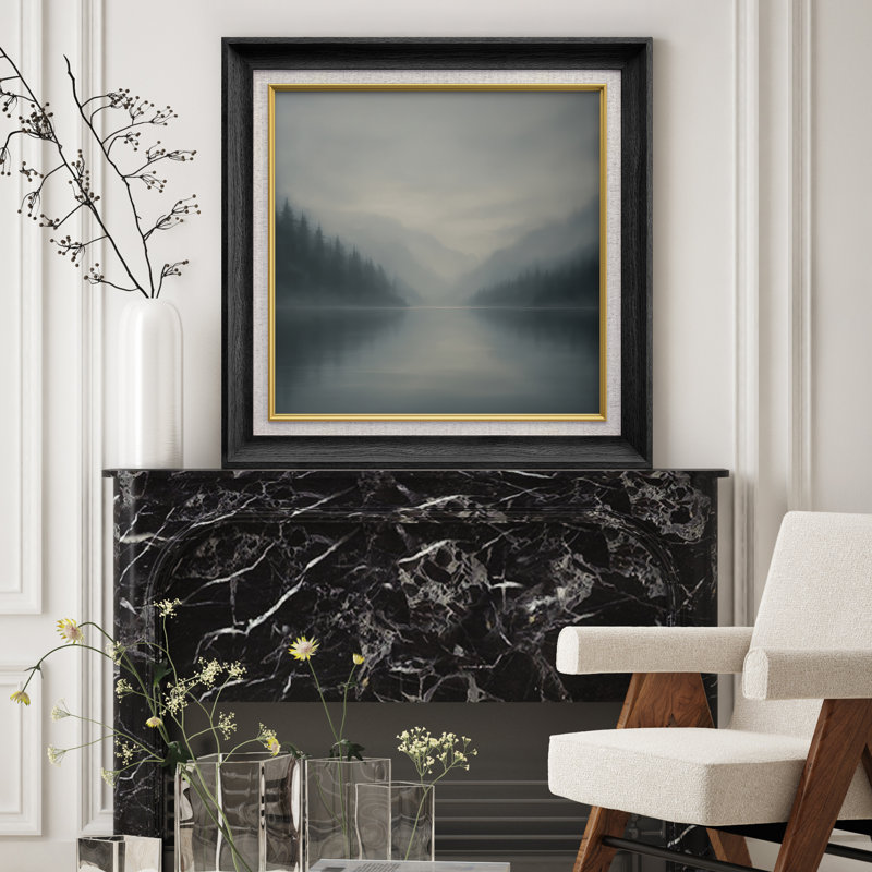 «Foggy Lake and Pine Forest Reflection Scene», reproduction d'art sur toile encadrée, Cadre noir de qualité supérieure