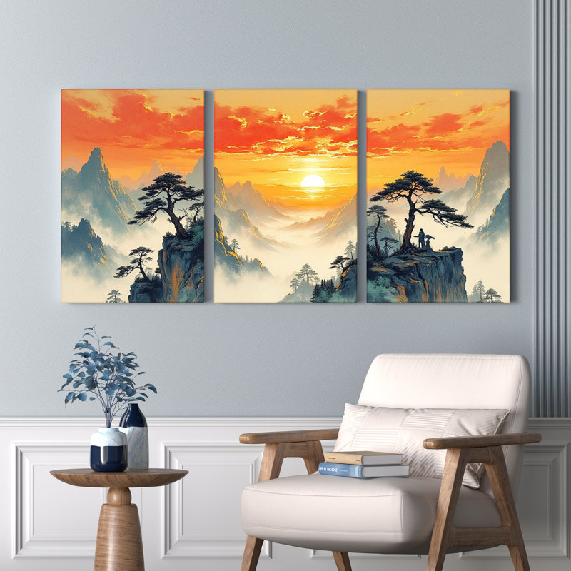 Tableau sur toile tendue représentant un paysage de montagne au coucher du soleil (lot de 3), H 18 po x l 36 po