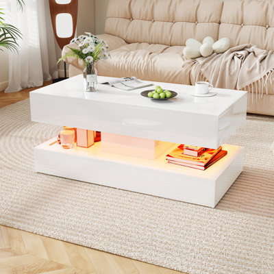 Table basse rectangulaire moderne avec rangement et lumières à DEL de 39,4 po (blanc)
