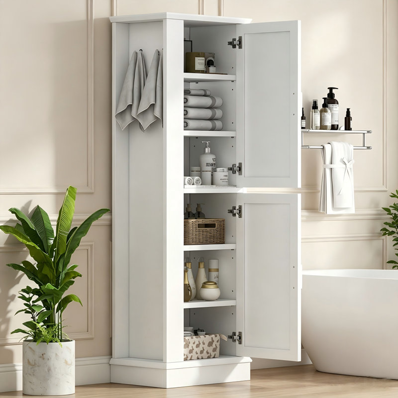  Freestanding Tall Bathroom Storage Cabinet with Hook and Adjustable Shelf, White