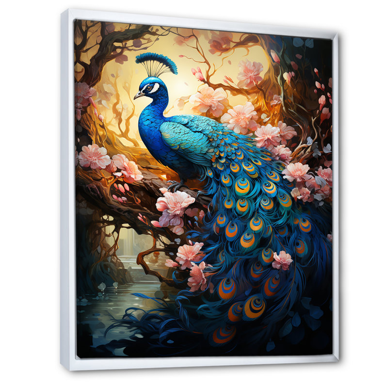 Fantaisie paon en fleurs enchantées sur toile, Cadre flottant blanc, H 32 po x l 24 po x P 1 po