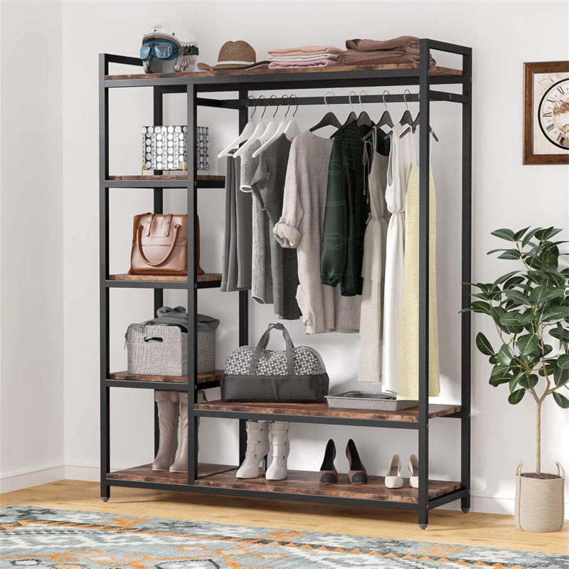 47.24" Rustic Brown Free-Standing Closet Organizer With 6 Storage Shelves And Hanging Bar, Large Standing Clothes Garment Rack