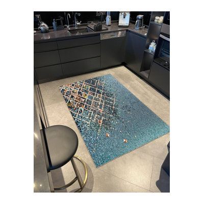 Tapis bleu tissé lavable à la machine