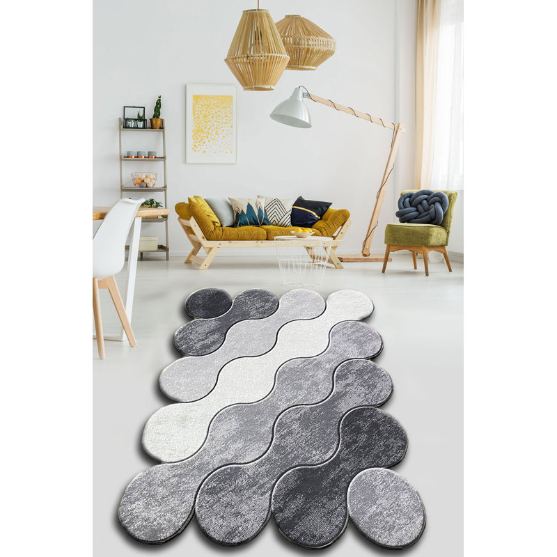 Tapis en polyester blanc / gris Novelty Aaiyana, Nouveauté 2 pi 7 po x 4 pi 11 po