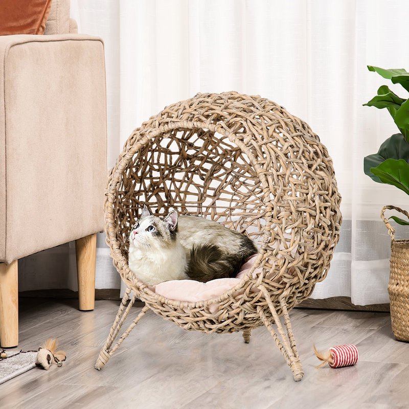 Pouf surélevé tissé de 52 cm (20,5 po) pour chat, avec un intérieur rembourré beige confortable.