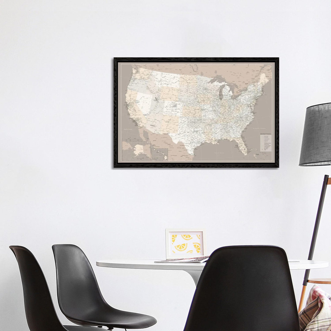 Highly Detailed Map Of The Us With Roads In Brown by Blursbyai - Galerie Giclée auf Leinwand