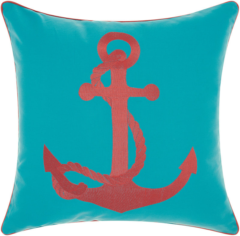 Embroidered Outdoor Throw Pillow, Turquoise/Coral
