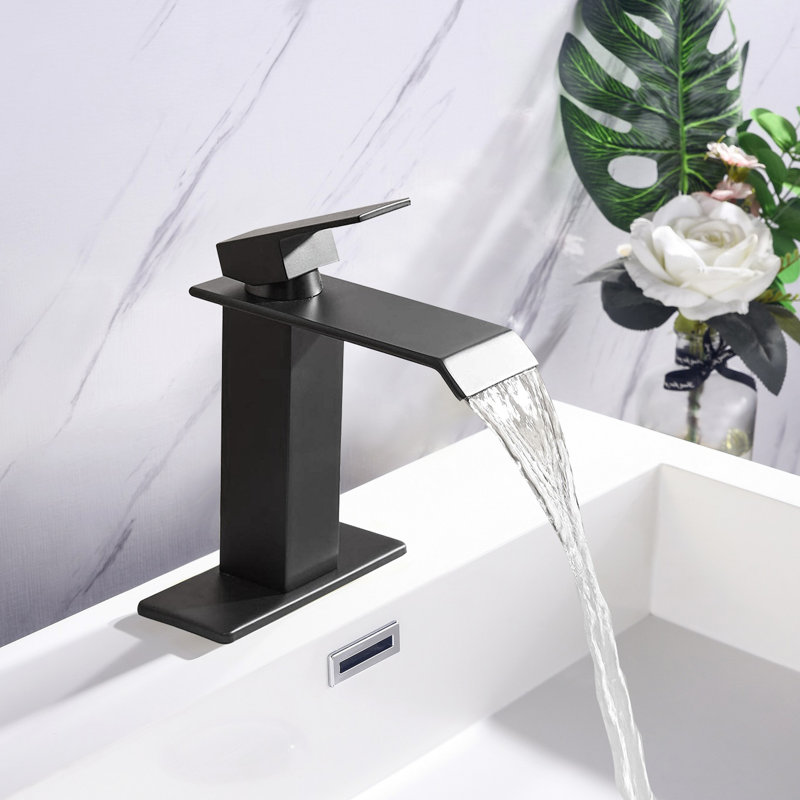 Robinet pour salle de bain à poignée simple Waterfall Spout en noir mat, fabriqué en acier inoxydable noir, Noir mat