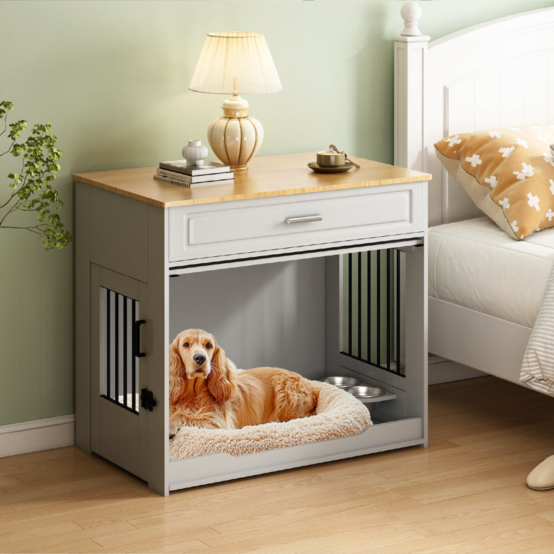 Large Dog Crate Furniture with Flip-up Door, Drawer, Grey