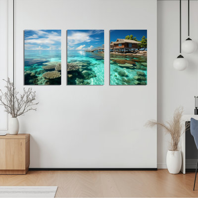 Vue sur l'océan tropical avec récif de corail et pavillon sur l'eau, reproduction d'art sur toile tendue sur toile, ensemble de 3