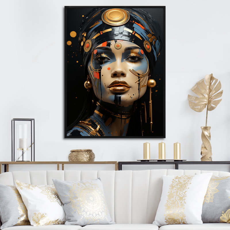 Art africain sur toile jaune et bleu, Cadre photo noir, H 32 po x l 24 po