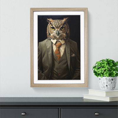 Owl In A Suit Painting - Single Picture Frame Print on Wood