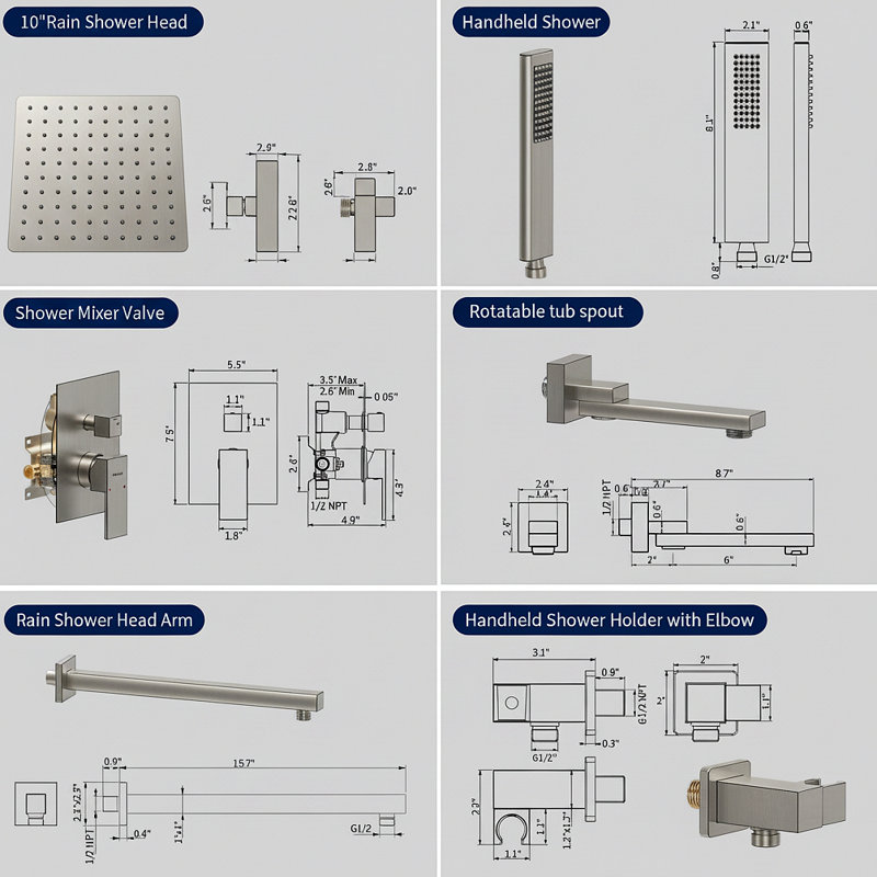 Male NPT Folding Bathtub Shower Faucet, Rain Shower Head System With Bath Tub Faucet Set And Handheld For Bathroom, 3 Function Tub Shower Rough-In Valve And Diverter