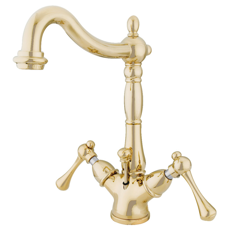 Kingston Brass Heritage Two-Handle 1-or-3 Hole Deck Mount Bathroom Faucet with Brass Pop-Up, Polished Brass