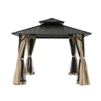 12' x 12' Hardtop Gazebo, Aluminum Frame Patio Hardtop Gazebos with Netting and Curtain, Outdoor Patio Pergola, Outdoor Patio Gazebo with Double Metal Roofs for Lawns, Garden, Deck, Sandstone