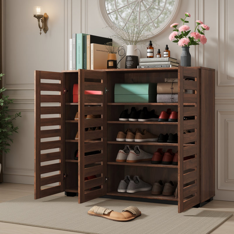 4-Tier Storage Shoe Cabinet with Louvered Doors, Brown