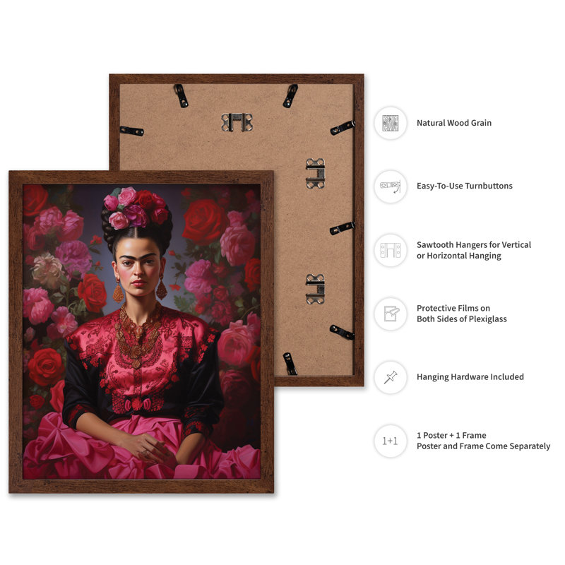 Portrait floral rose Frida, Poster, 18"H x 24"W, Brown Framed