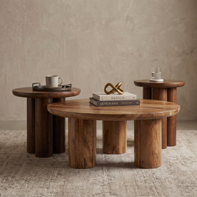 3-Piece Living Room Set – Natural Wood Round Coffee Table with Two Matching End Tables, Solid Mango Wood with Sculptural Pedestal Base for Modern Living Spaces – Walnut