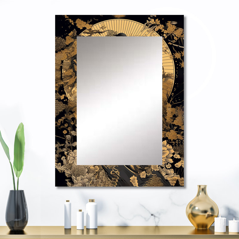 Elegant Japanese Woman I - miroir mural femme, miroir décoratif doré, impression d'art en métal, 32 po x 24 po