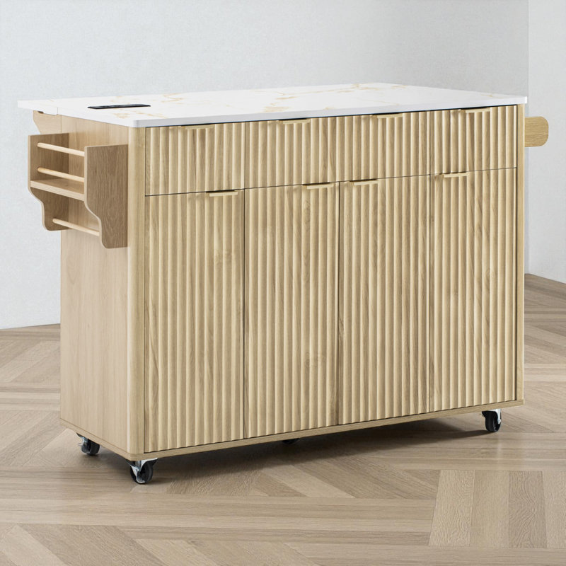 55.5" Wide Kitchen Island With Drop Leaf, 35.85" H x 55.5" W x 28.9" D, Natural/Faux Marble