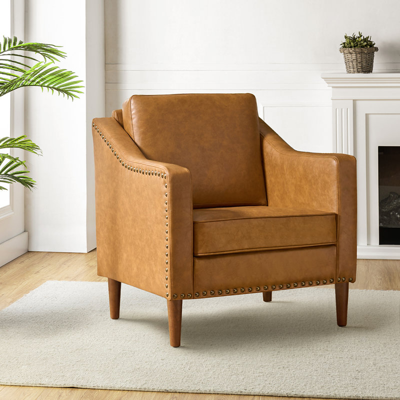 Almetia Vegan Leather Armchair With Solid Wood Legs, Camel