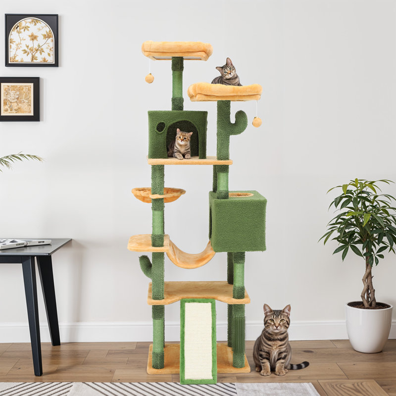Tour pour arbre à chat Cactus, mobilier pour chat Cactus à plusieurs niveaux avec 2 lits plateforme et 2 maisons pour chat, grand arbre à chat mignon avec lit à structure en métal et 1 hamac