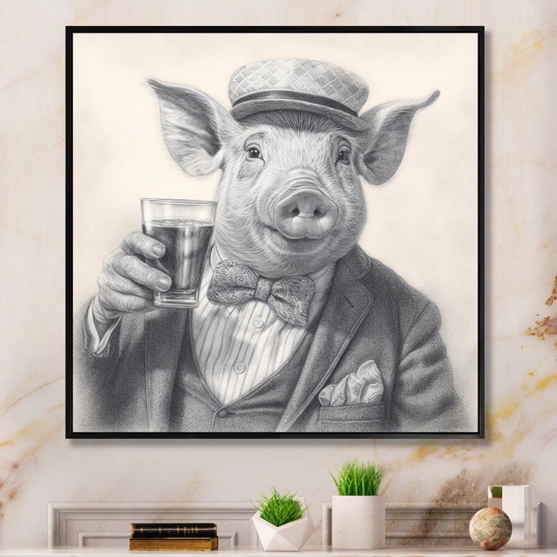 " Pig Having A Drink II ", 30" H x 30" W x 1" D, Black Floater Framed