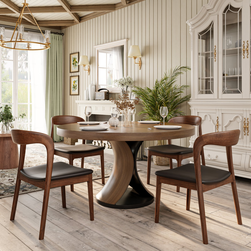 Mid-Century Solid Wood Round Yairi Kitchen Room For 2-8 People(1 Table With 2/4/6 Chairs), 5, 29.52"H x 59.05"L x 59.05"W