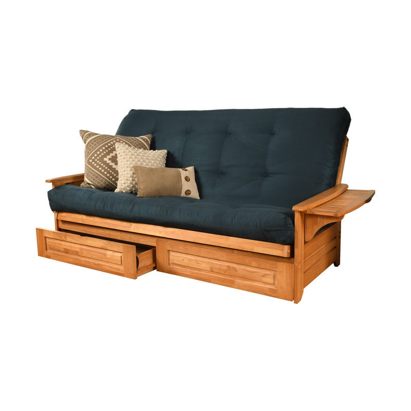 Futon avec rangement Stratford, Microsuède bleu, Innerspring, Noyer cendré