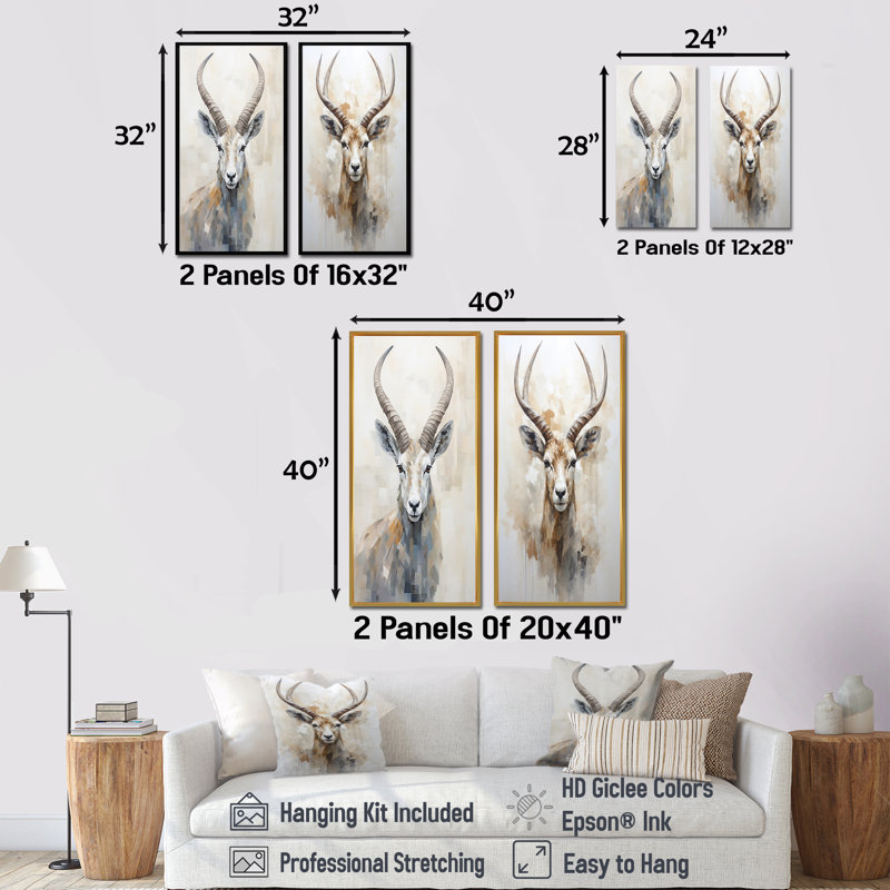 Minimalisme antilope bouquetin - ensemble de 2 reproductions d'art mural antilope, Encadrement doré, H 28 po x l 25 po