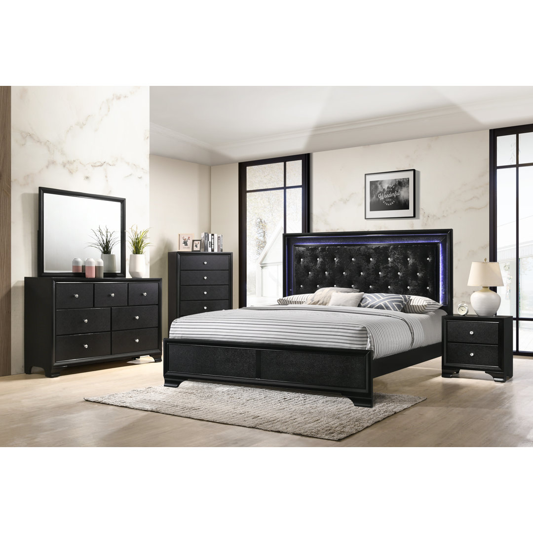 Influence Black LED Upholstered Panel Bedroom Set Special 3 Bed Dresser Mirror Red Barrel Studio® Bed 