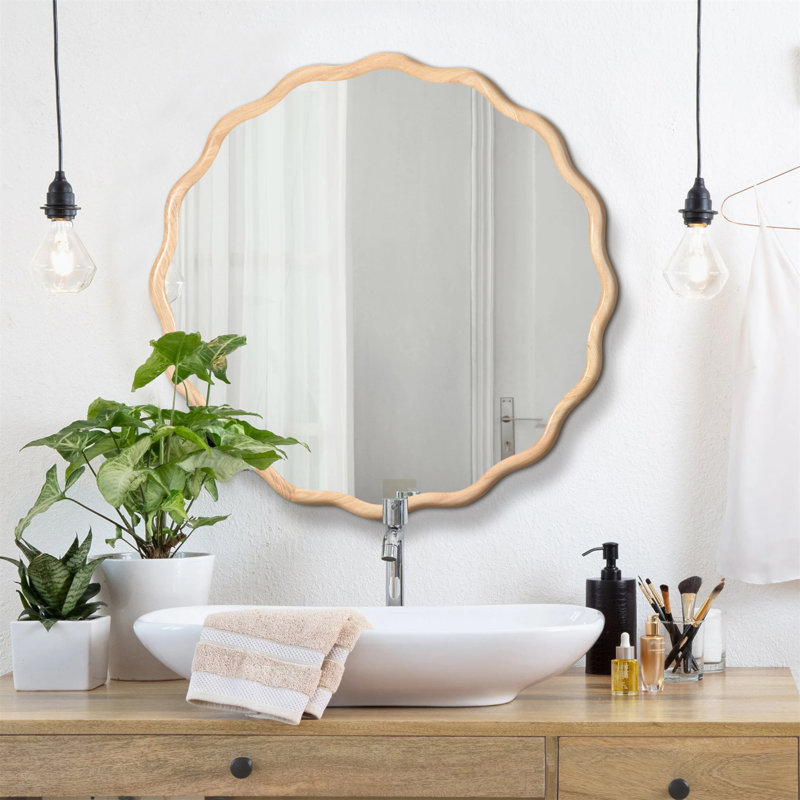 Solid Wood Wavy Mirror--Natural-Wood Vanity Mirror Wall Decor 31" X 31" Modern Mirror Wall Decor For Bathroom, Bedroom, Living Room, Dining Room, Cloakroom, Entryway