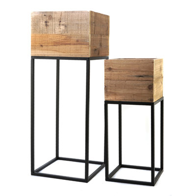 Set of 2 Reclaimed Wood Storage Boxes with Black Metal Iron Stand, Rustic Decorative Display Boxes for Home Decor