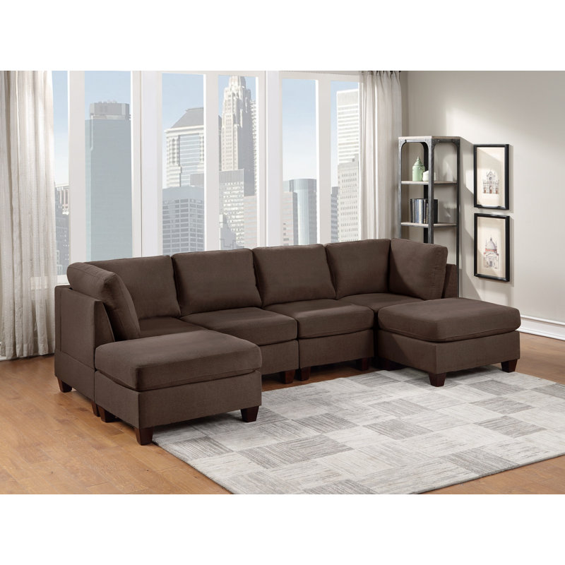 Canapé de coin contemporain en peluche 1pc, siège de coin en tissu d'aspect lin avec pieds en bois