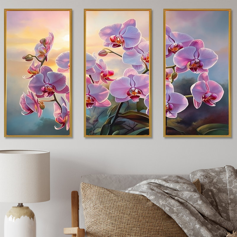 Orchidées roses, coucher de soleil I - ensemble d'art mural orchidées, Cadre flottant doré, H 40 po x l 60 po x P 1 po
