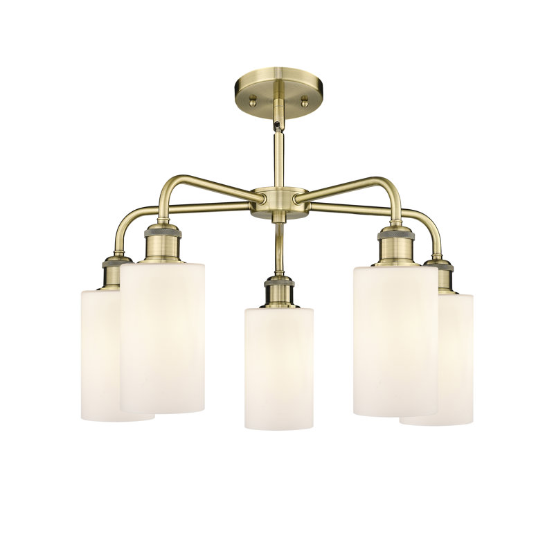 Lustre cylindrique à 5 lumières en acier à intensité variable Ervine, Blanc mat, Laiton antique