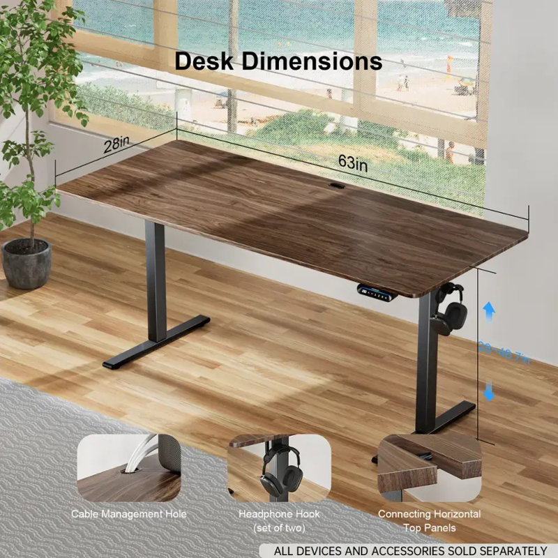 Très grand bureau pour travailler debout électrique réglable en hauteur, L 62,99 po x P 27,56 po, Brun / Noir