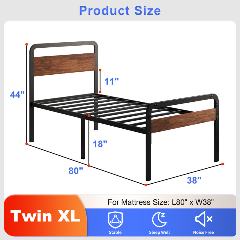 18 Inch Bed Frame with Wood Headboard and Footboard, Twin XL