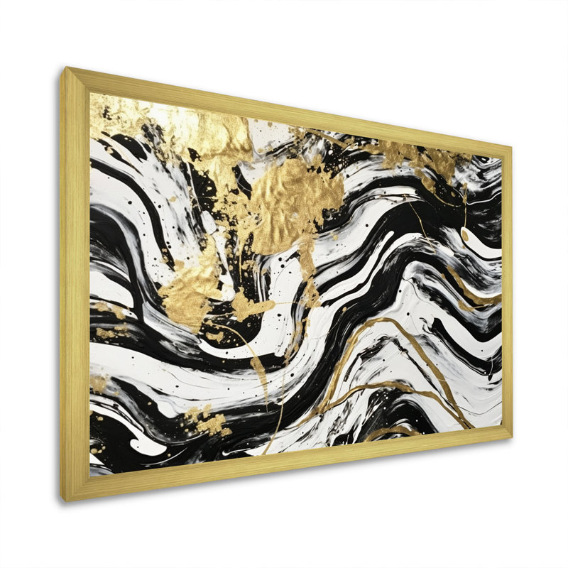 Wild Wave Bliss abstrait or blanc noir - peinture murale abstraite, Cadre doré à une seule photo, H 16 po x l 32 po x P 1 po