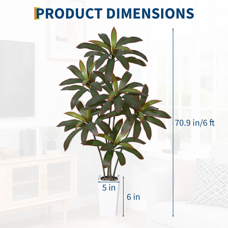 Dracaena artificiel Real Touch, fer brésilien, grand pot à fleurs blanc, 6 têtes, 180 cm