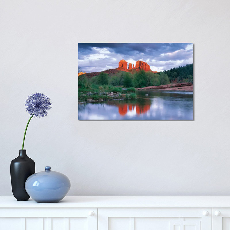 Cathedral Rock Reflected in Oak Creek at Red Rock Crossing with Gathering Rain Clouds, Red Rock State Park Near Sedona, Arizona 1 Piece Wrapped Canvas Wall Art