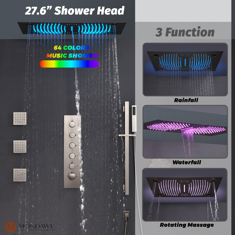 Brushed Nickel LED Ceiling Mounted Dual Shower System with Bluetooth Speaker