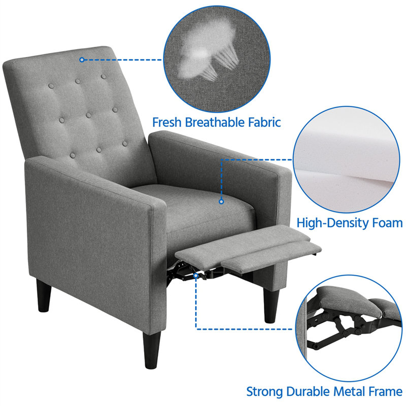 Adysyn Button Tufted Upholstered Manual Push-Back Recliner, Gray 100% Polyester