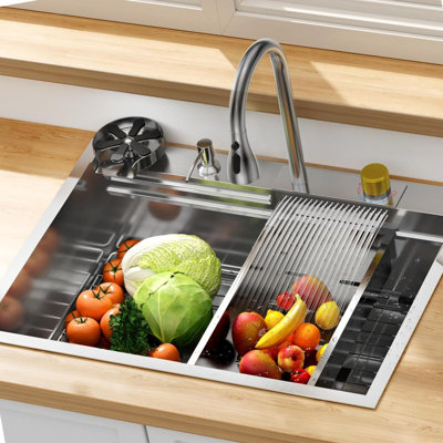 Kitchen Sink, 30 Inch Brushed Nickel Waterfall Kitchen Sink Set
