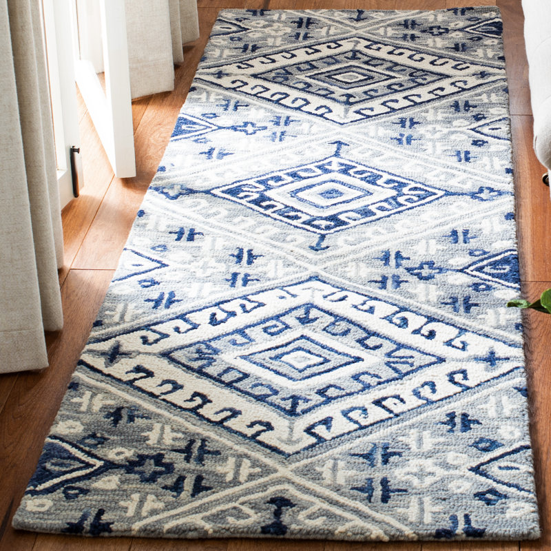 Tapis gris / bleu marine en laine touffeté à la main Vahakn, Tapis de couloir 2 pi 3 po x 7 pi