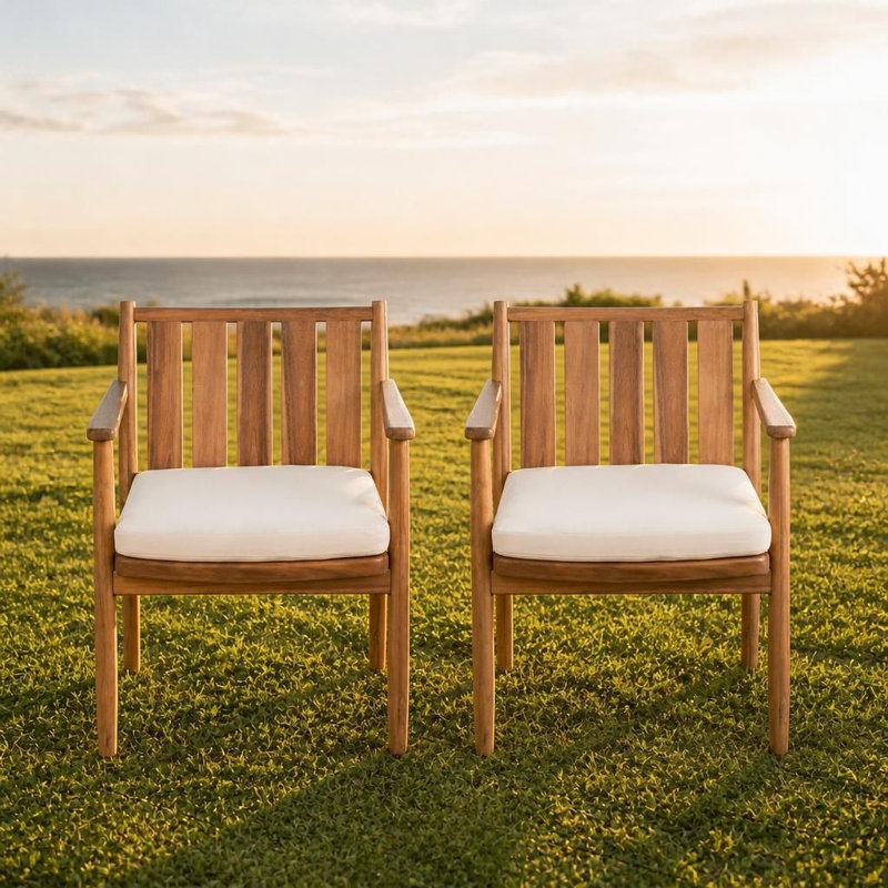 Chaises de salle à manger d'extérieur à accoudoirs en bois d'acacia 2 pièces avec coussins amovibles, siège robuste résistant aux intempéries avec dossier à lattes, capacité de poids de 400 lb