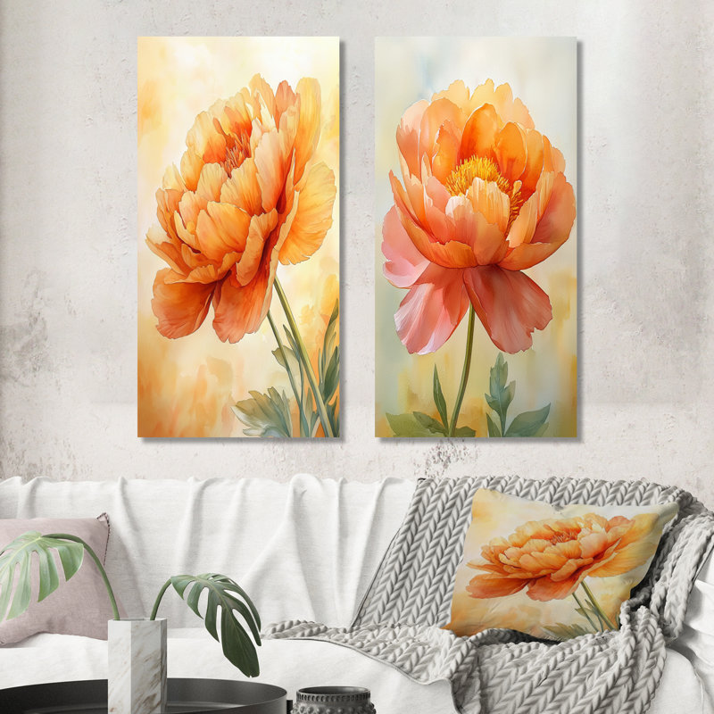 Pivoine ensoleillée Eelegance I - Collection d'art floral sur toile 2 pièces, H 28 po x l 25 po, Toile tendue