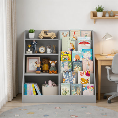Étagère à livres et à jouets à 4 niveaux pour enfants, présentoir-bibliothèque multifonctionnel en bois – Bibliothèque pour salle de jeux, chambre d'enfant et chambre à coucher (gris)